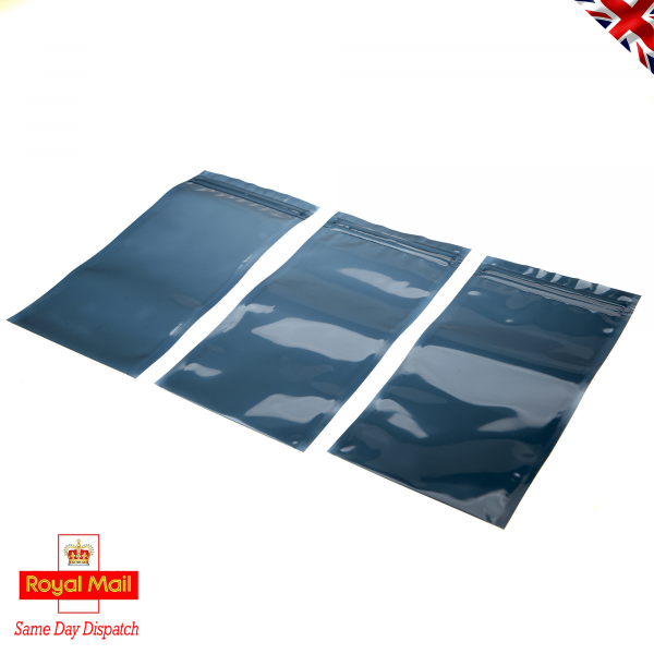 Click Seal Reusable Metallised Anti-Static Bags 200 mm x 100 mm Ideal for temporary safe storage, shipping. Protects delicate ESD Devices from Static Discharge Damage and Moisture. Flat Pouch, Metallised, Grey, 50% Transparent, Click Seal to Shortest Side. Bags can be Heat Sealed if Required for Extra Security
