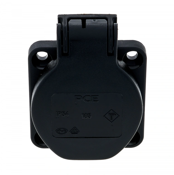Manufacturer: PCE Electrical mounting: screw terminal Connector: socket Mechanical mounting: on panel; flange (4 holes); screw Colour: black IP rating: IP54 Number of pins: 3 Rated voltage: 250V AC Connector variant: with earthing; Schuko Current rating: 16A Type of connector: AC supply Type of pin configuration: 2P+PE